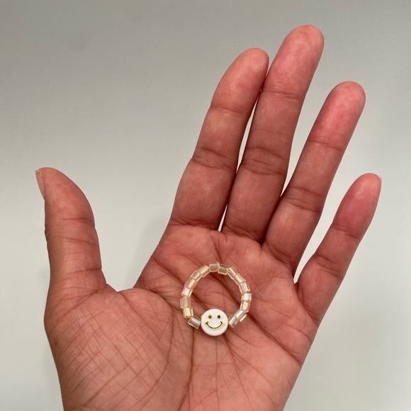 Handmade Trendy Y2K Inspired Smiley Face Glass Bead Stackable Stretch Ring - Picture 2 of 5